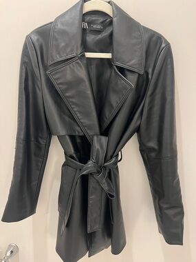Zara Black Faux Leather Belted Trench Coat
